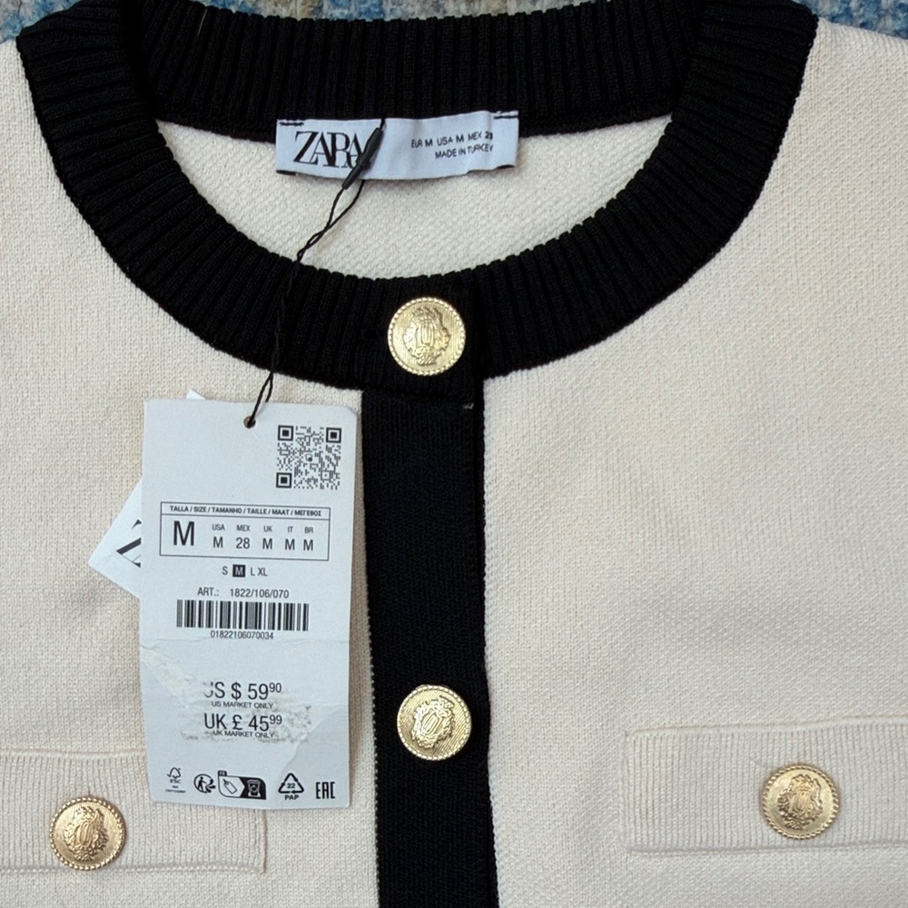 NWT Zara Cream and Black Trim Knit Cardigan with Gold Buttons size M - Picture 2 of 2